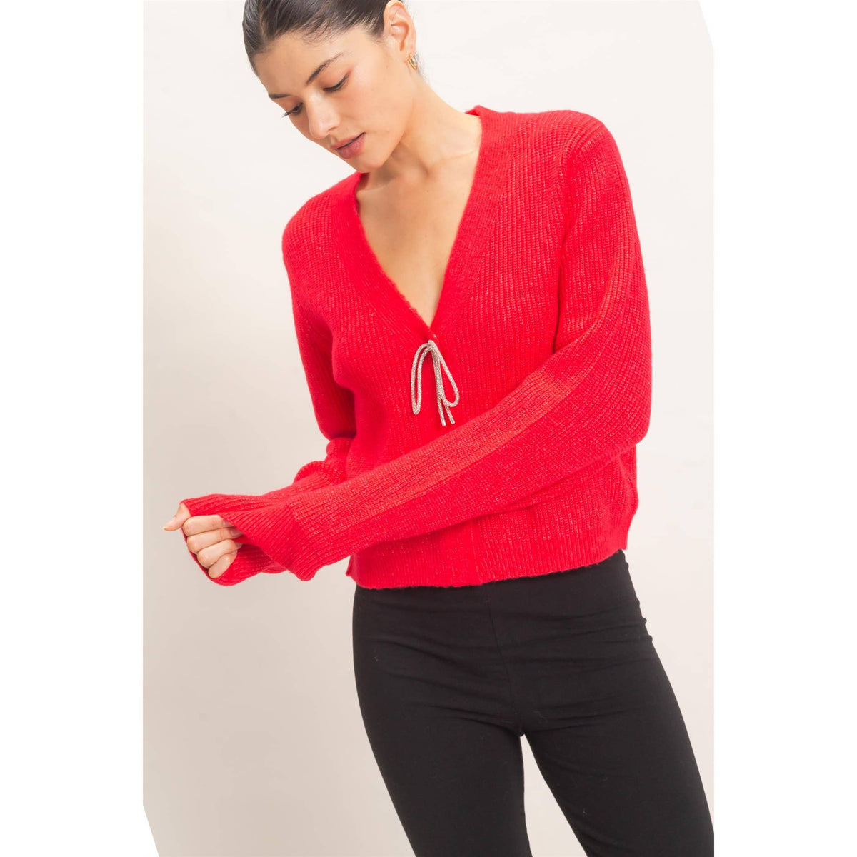 Rhinestone Bow Tie-Front Sweater