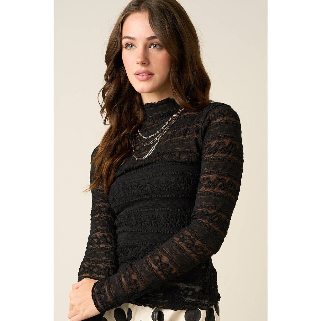 TEXTURED MOCK NECK LACE MESH TOP