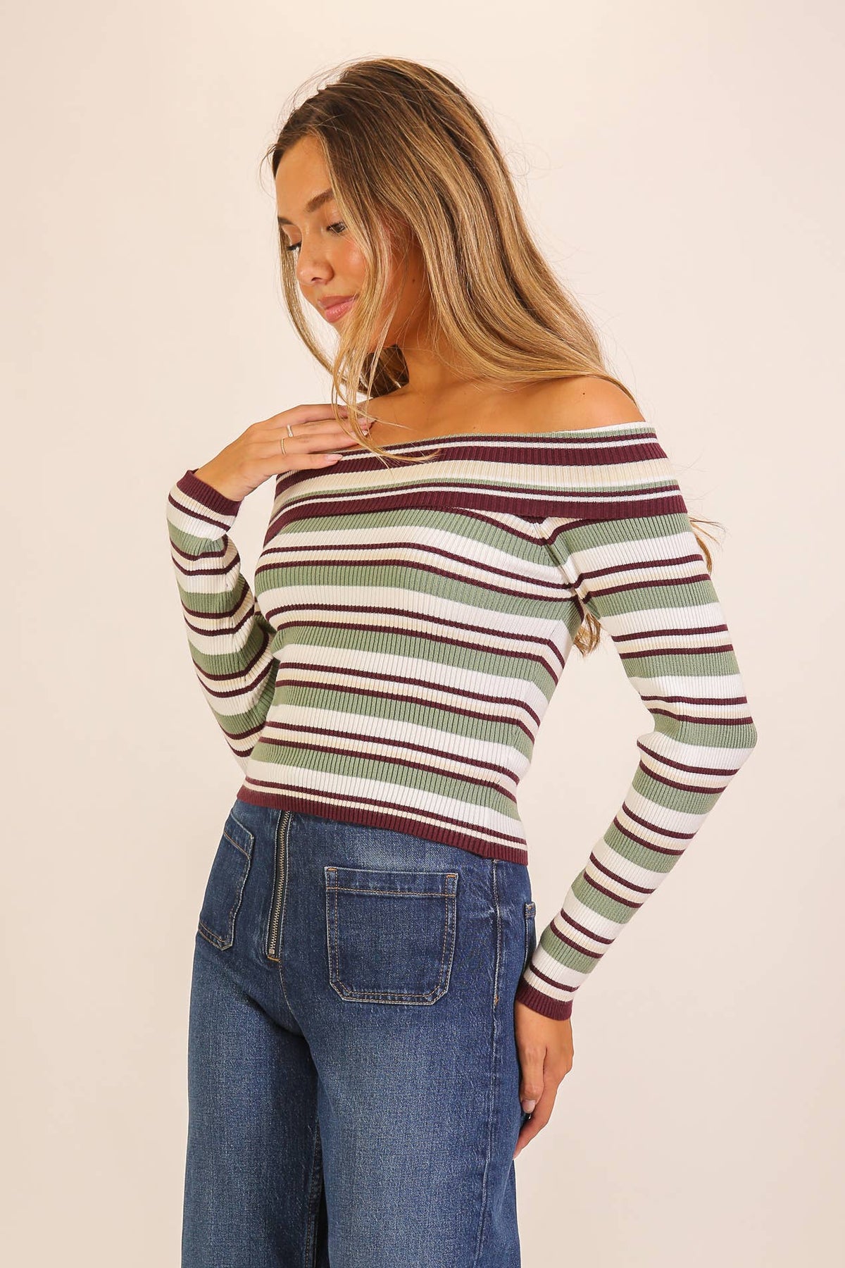 Striped Foldover Off-Shoulder Sweater Top