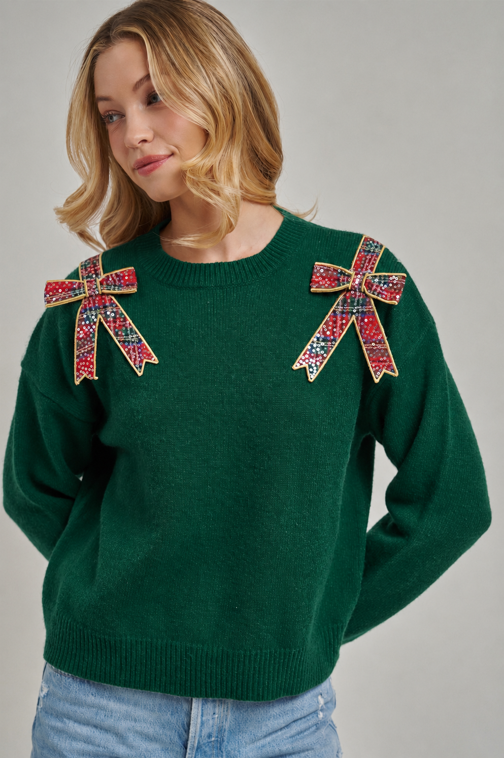CHRISTMAS HOLIDAY SWEATER TOP WITH BOW APPLIQUES_JLT00420-01