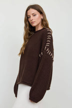 CONTRAST STITCH DETAIL MOCK NECK CHUNKY SWEATER