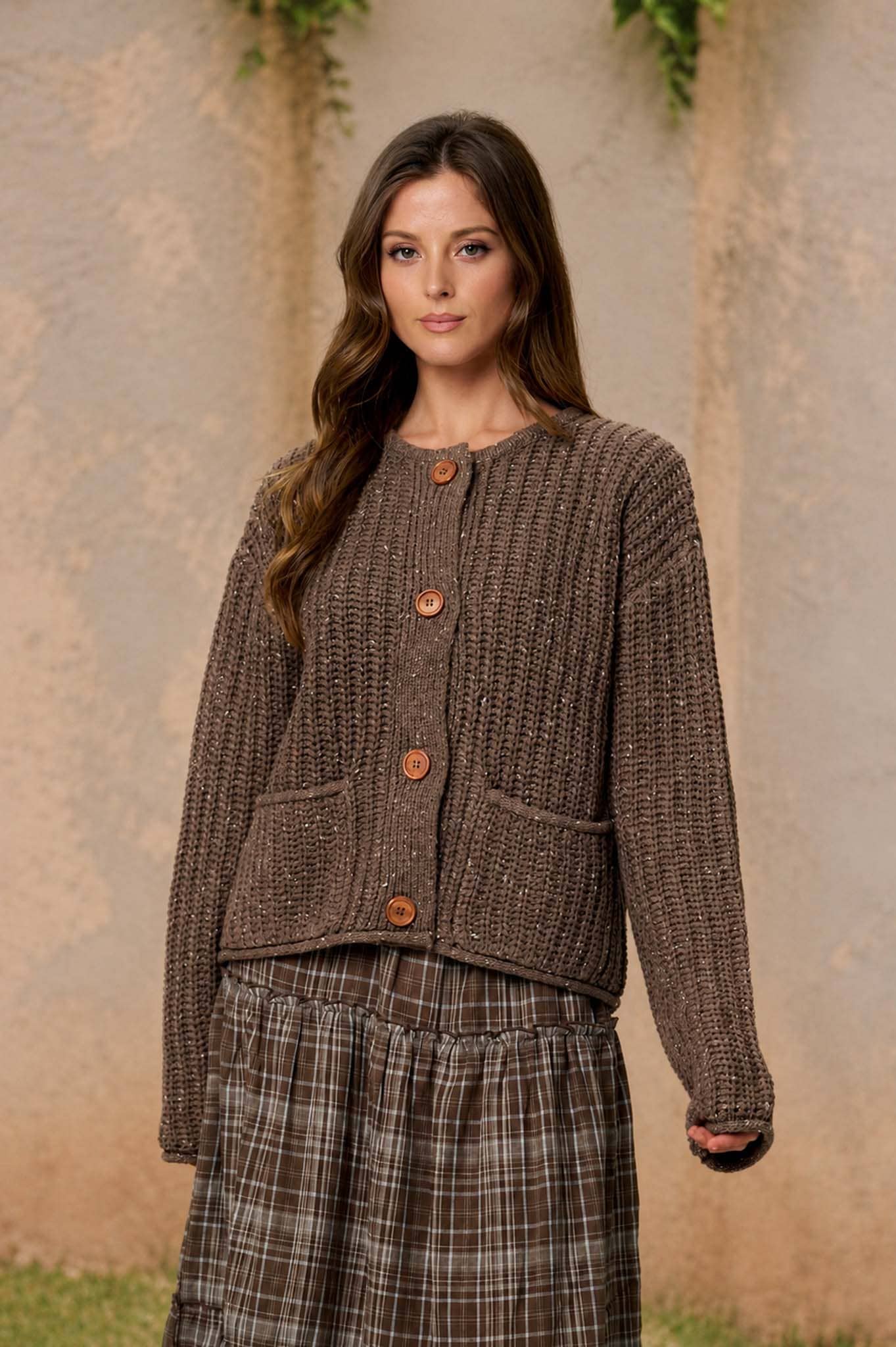 MARLED BUTTON DOWN  RAW EDGE CHUNKY KNIT CARDIGAN