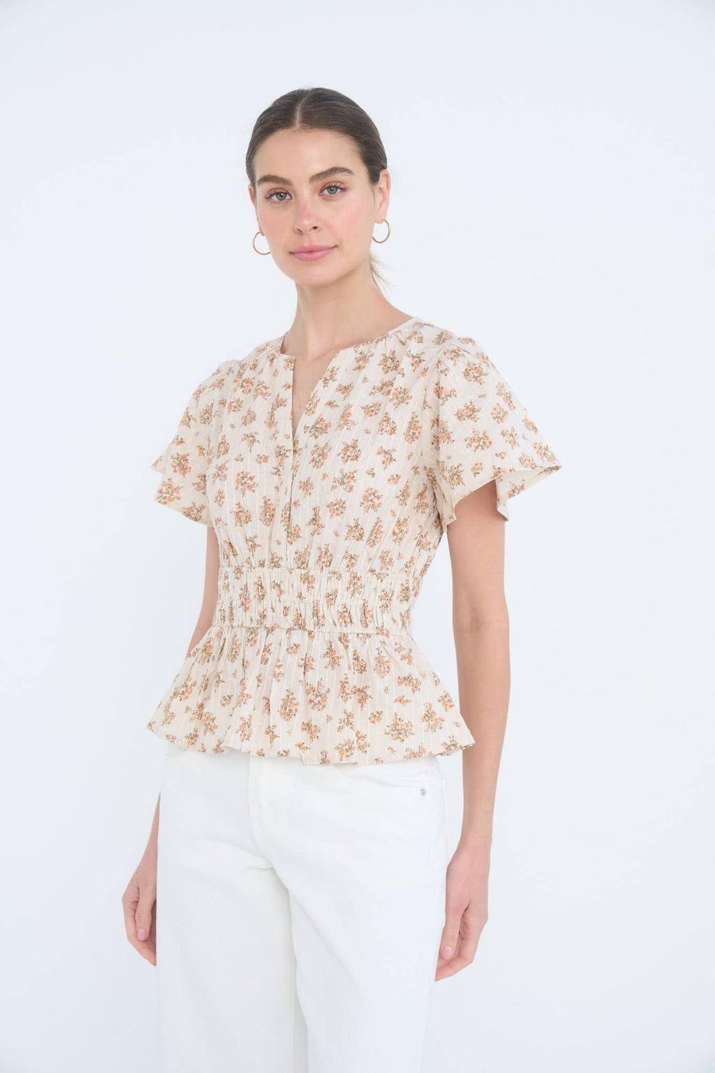 FLORAL CLIP DOT SPLIT NECK BELL SLEEVE TOP