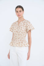 FLORAL CLIP DOT SPLIT NECK BELL SLEEVE TOP
