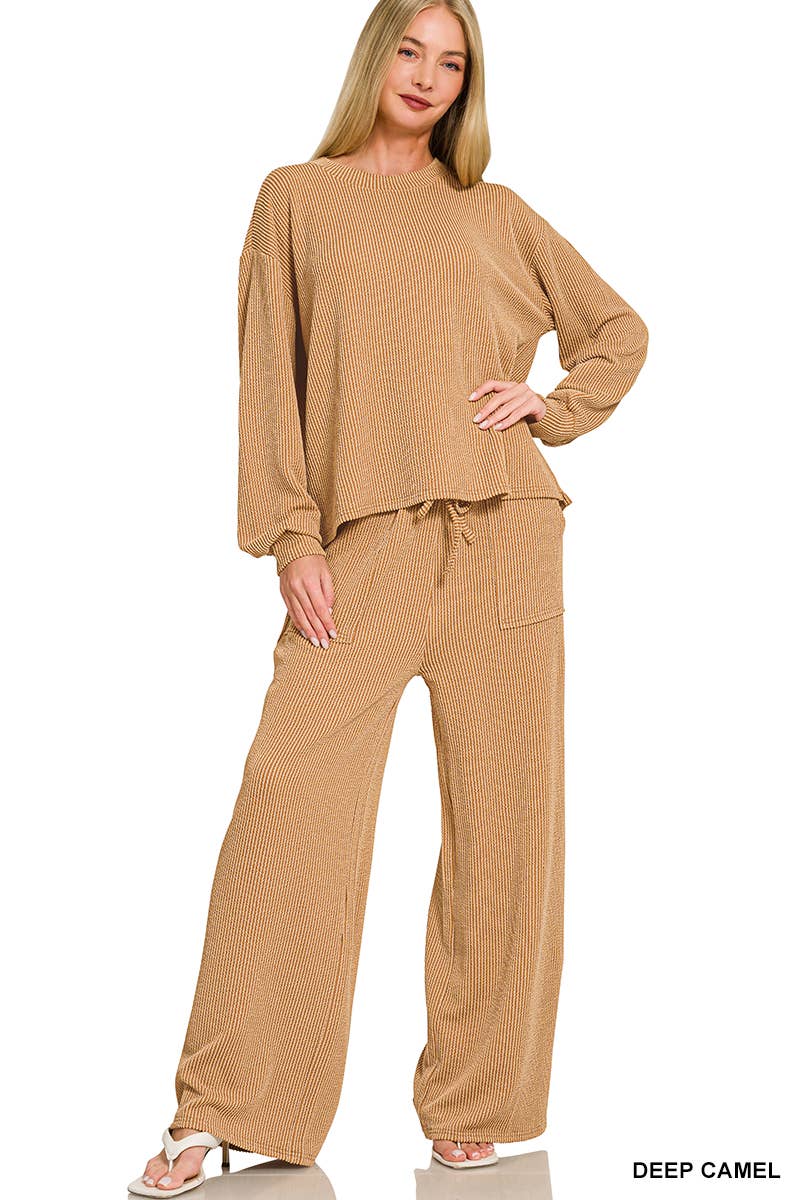 Raised Rib Round Neck Pullover & Pants 2PC Set