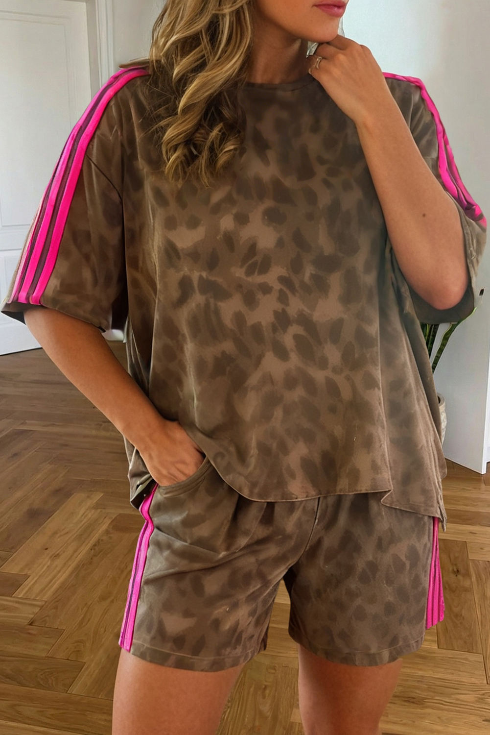 Leopard Priint Striped Trim Shorts Set | S-XL & Plus 1X-4X
