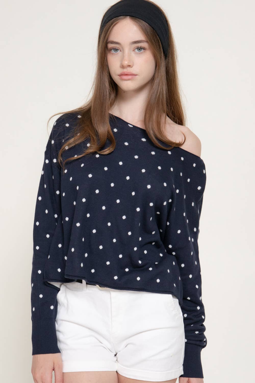 Long Sleeve Asymmetrical Off The Shoulder Dot Sweater Top