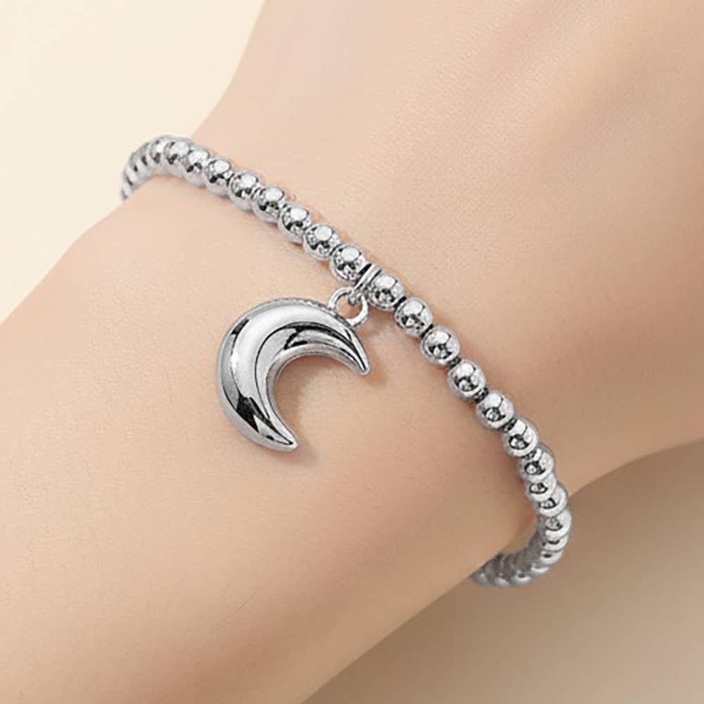 Stainless Steel Crescent Moon Charm Beaded Stretch Bracelet
