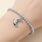 Stainless Steel Crescent Moon Charm Beaded Stretch Bracelet