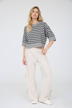STRIPE RAW EDGE DROP SHOULDER SHORT SLEEVE SWEATER