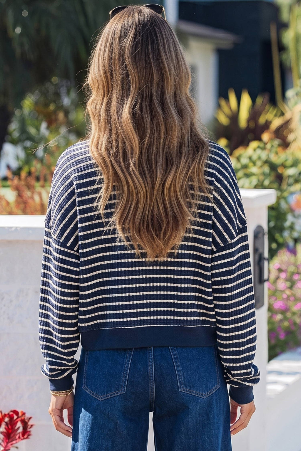 Textured Knit Half Zip Collared Long Sleeve Top