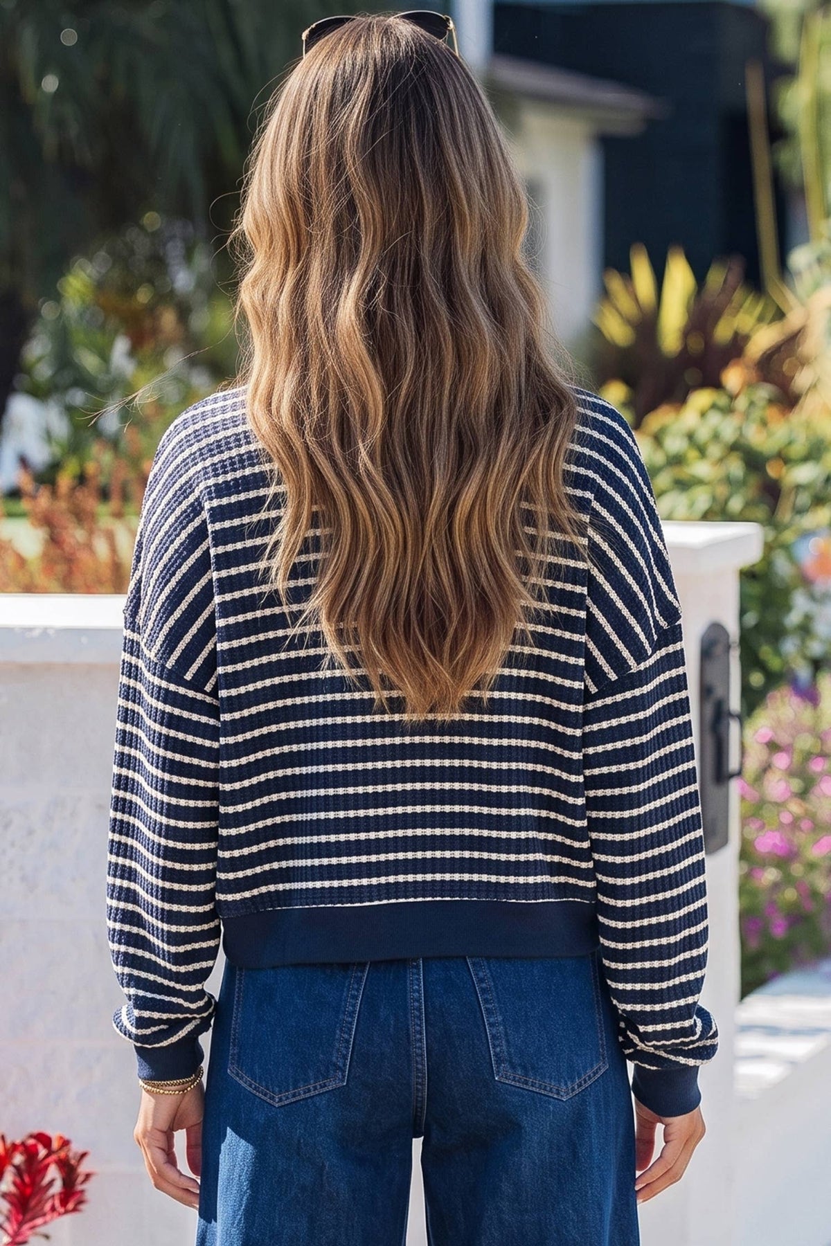 Textured Knit Half Zip Collared Long Sleeve Top
