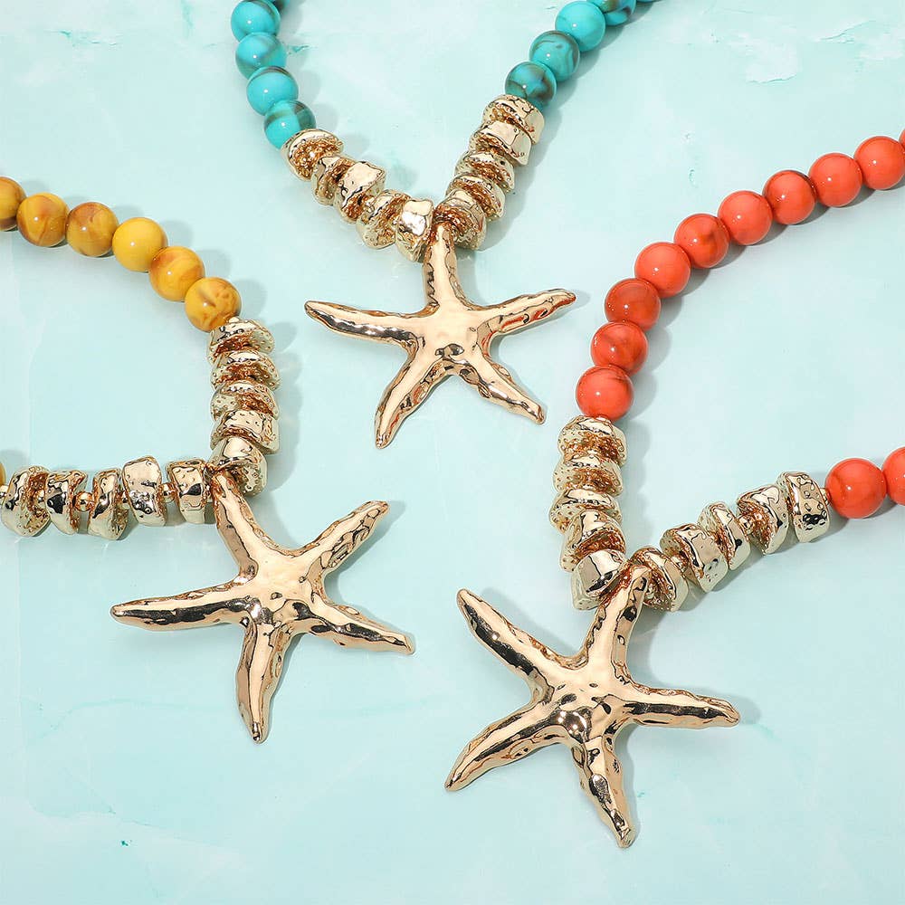 Bold Texture Metal Starfish Pendant Accent Beaded Statement Necklace