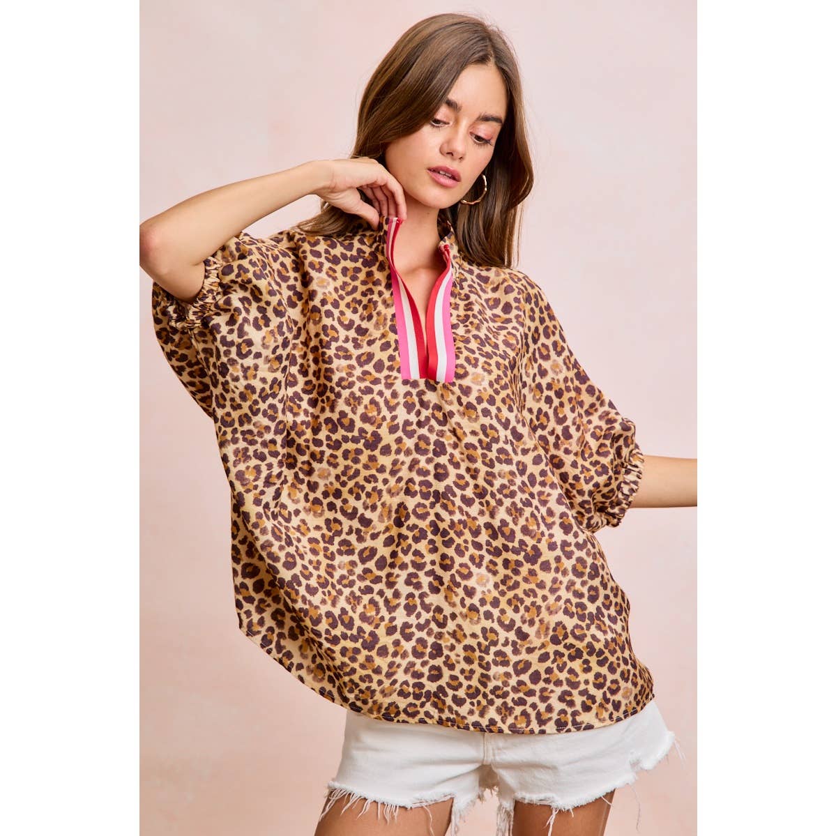 LEOPARD CONTRAST BANDED DOLMAN SLEEVES BLOUSE TOP