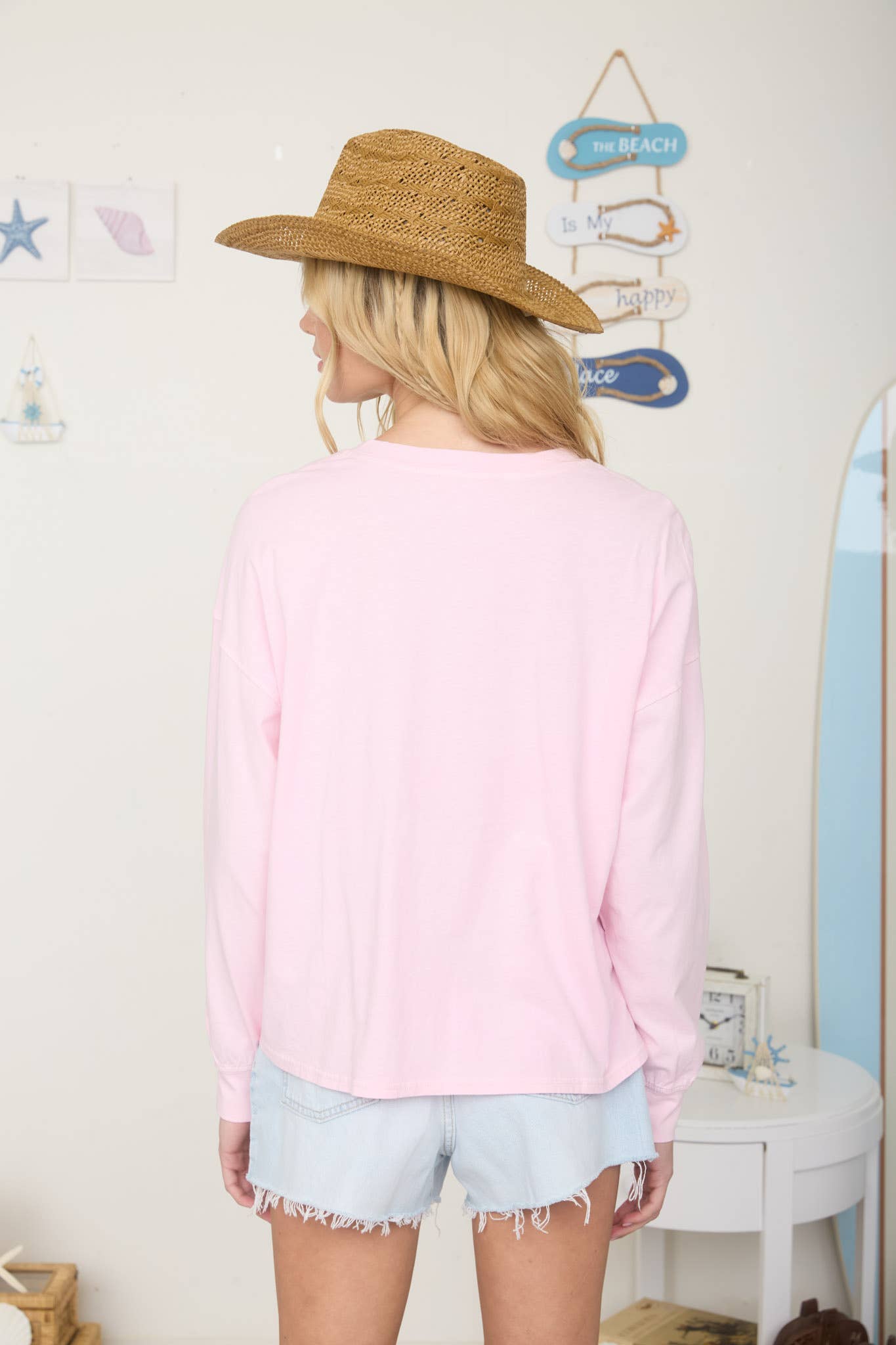 BEACH COWGIRL LONG SLEEVE KNIT TOP: LIGHT PINK