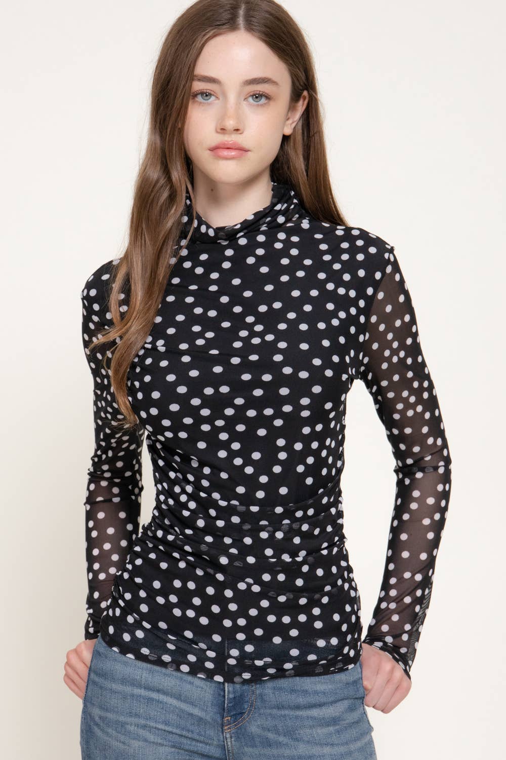 Long Sleeve High Neck Ruched Dot Print Mesh Top