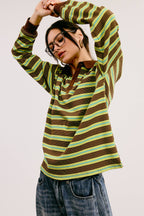 Multicolor Stripe Oversized Long Sleeve Polo Shirt