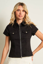 11221S-2WAY OPEN ZIPPER FITTED COLOR DENIM SHIRTS