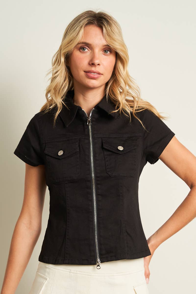 11221S-2WAY OPEN ZIPPER FITTED COLOR DENIM SHIRTS