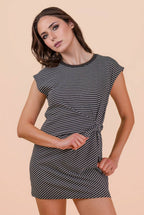 ND31733-Stripe Knit Sleeveless Mini Dress W/ Tie Detail