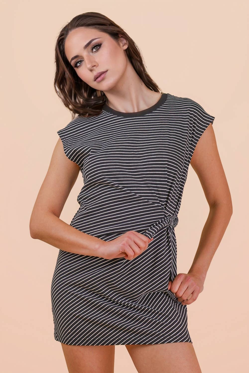 ND31733-Stripe Knit Sleeveless Mini Dress W/ Tie Detail