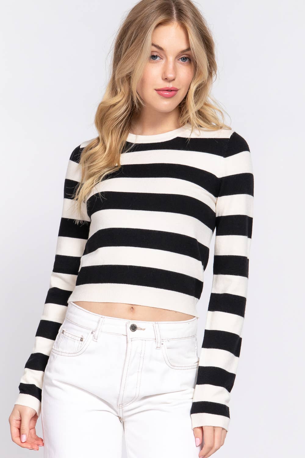 Long Sleeve Crew Neck Stripe Fitted Sweater
