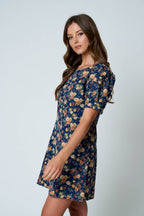 FLORAL PUFF SLEEVE SEAM DETAIL DENIM MINI DRESS