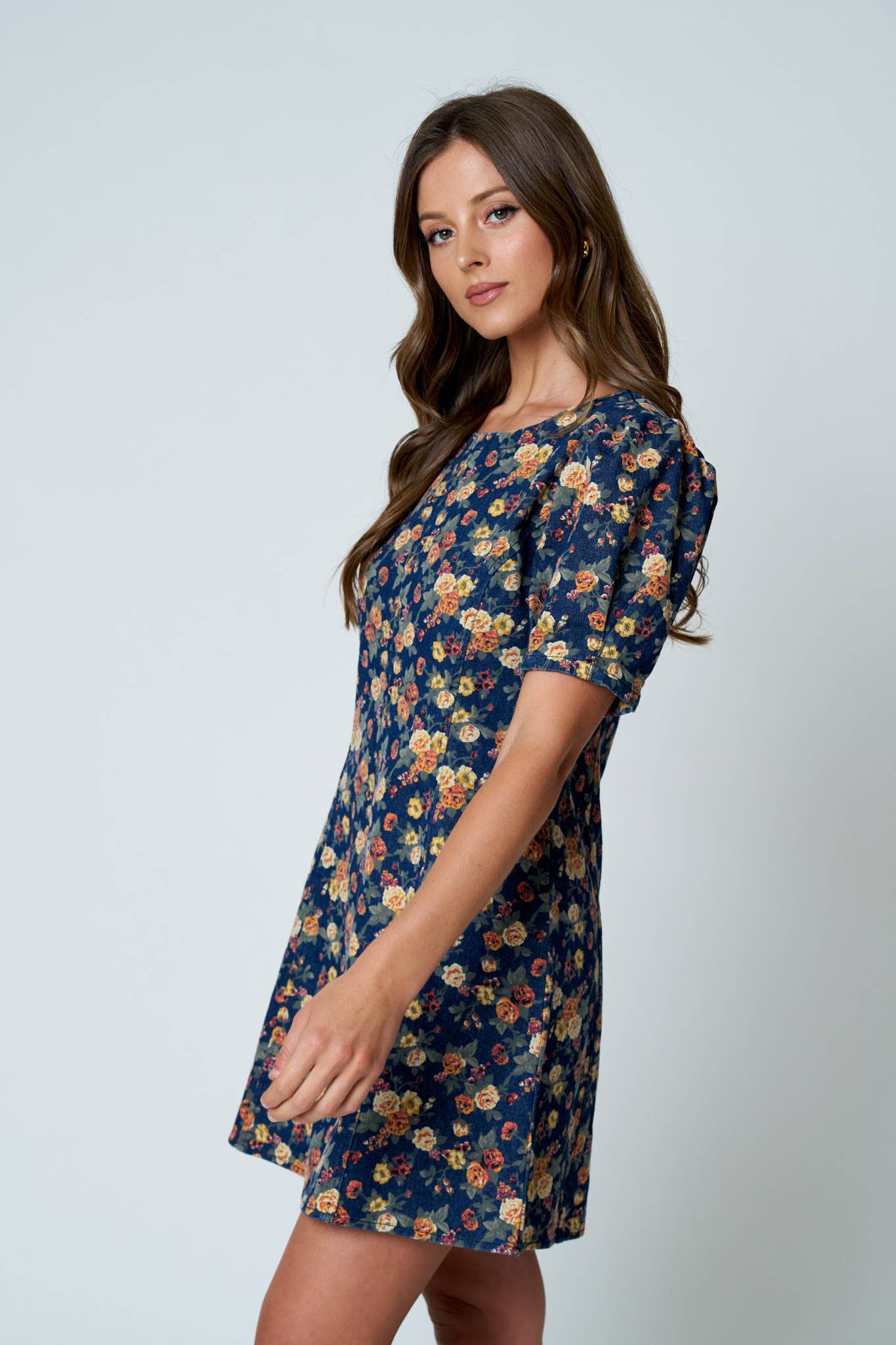 FLORAL PUFF SLEEVE SEAM DETAIL DENIM MINI DRESS