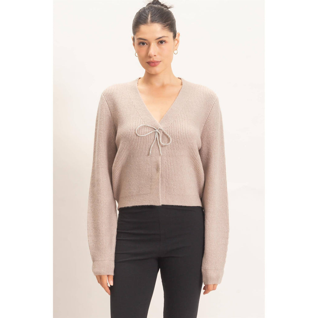 Rhinestone Bow Tie-Front Sweater