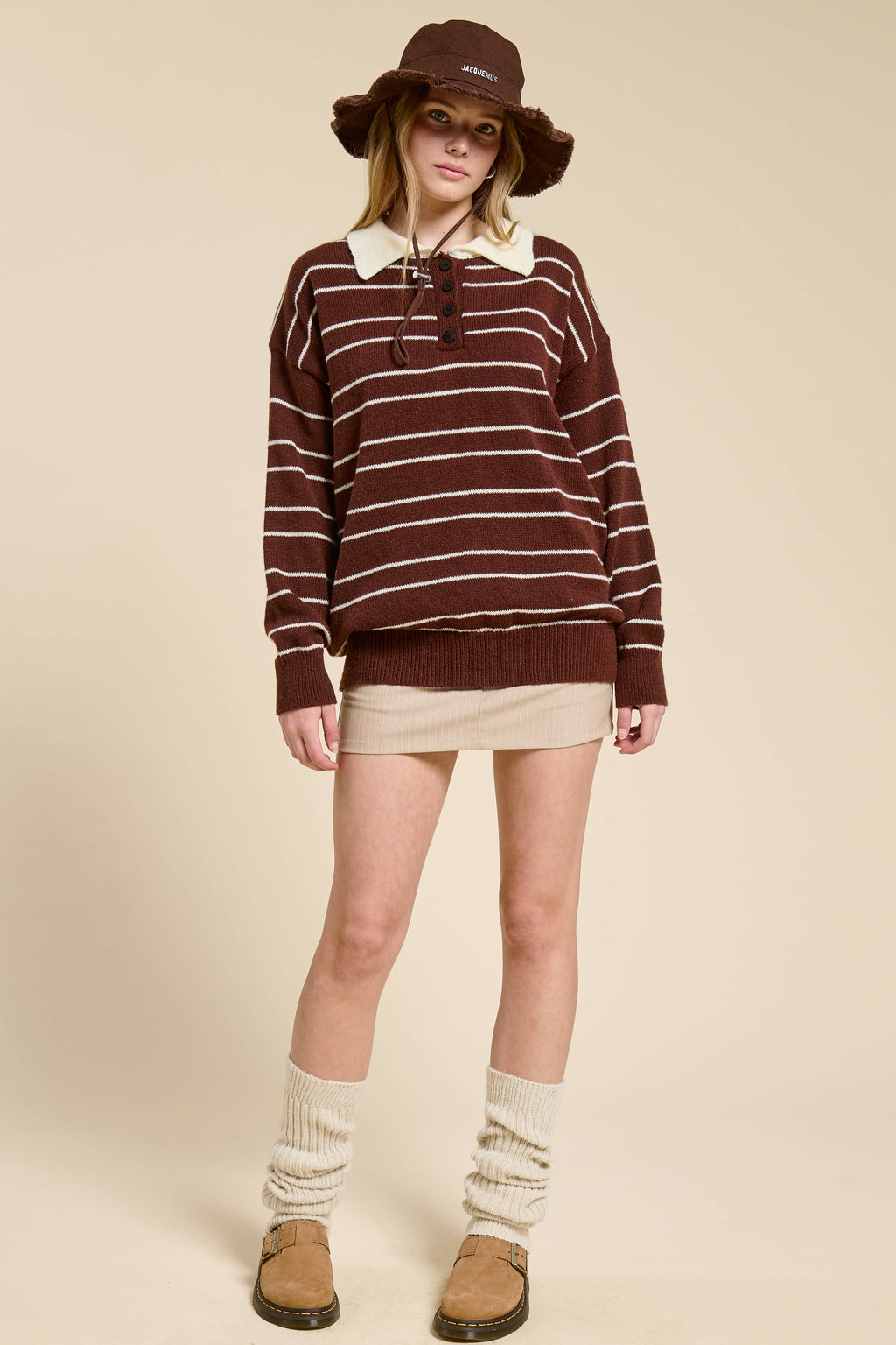 Striped Knit Polo Pullover Sweater