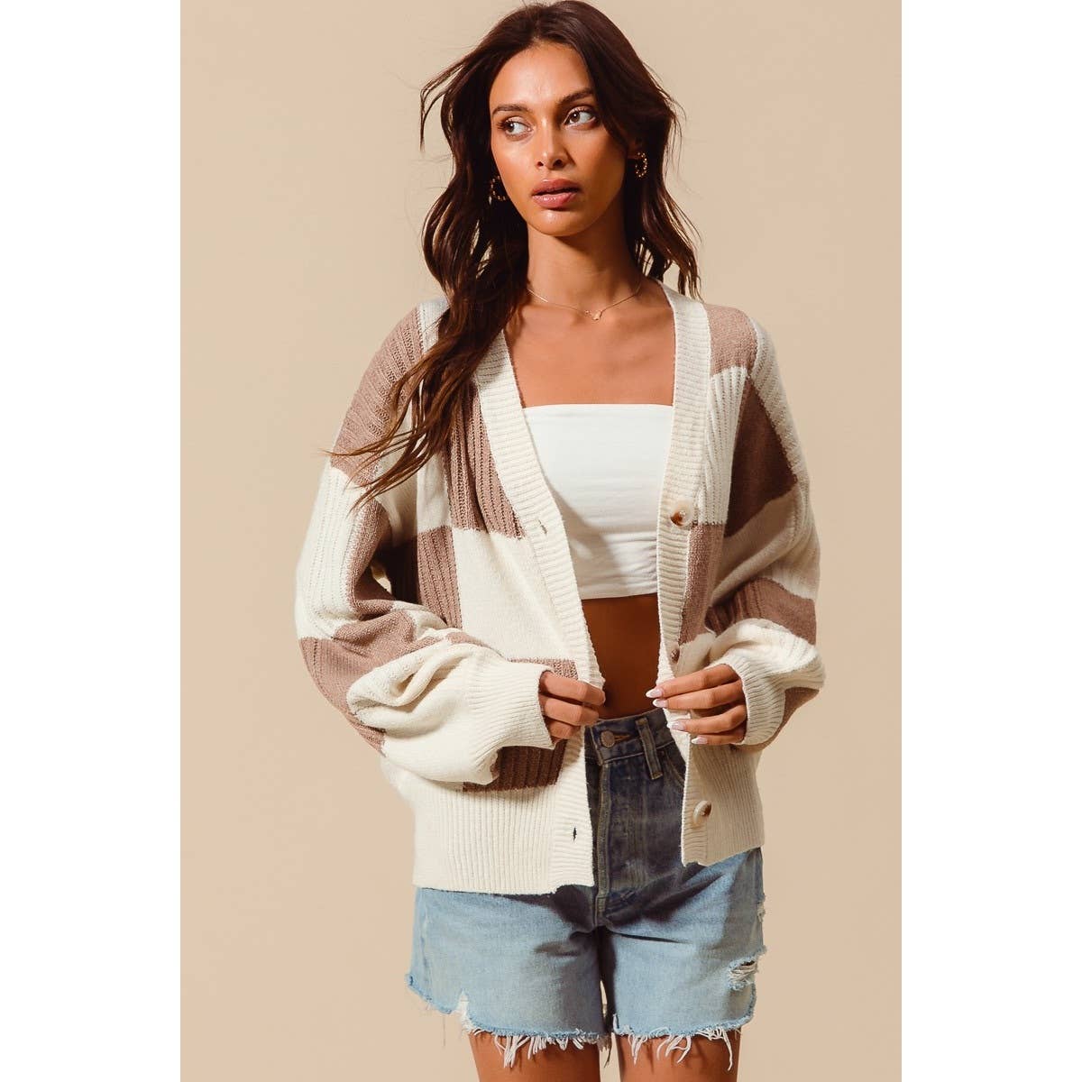 CHECKERED BUTTON FRONT TEXTURED SWEATER CARDIGAN
