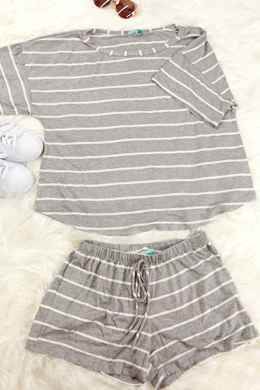 Rayon spandex stripe loose fit short and top set (P16433)