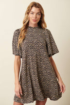 ANIMAL PRINT RUFFLE MOCK NECK MINI DRESS