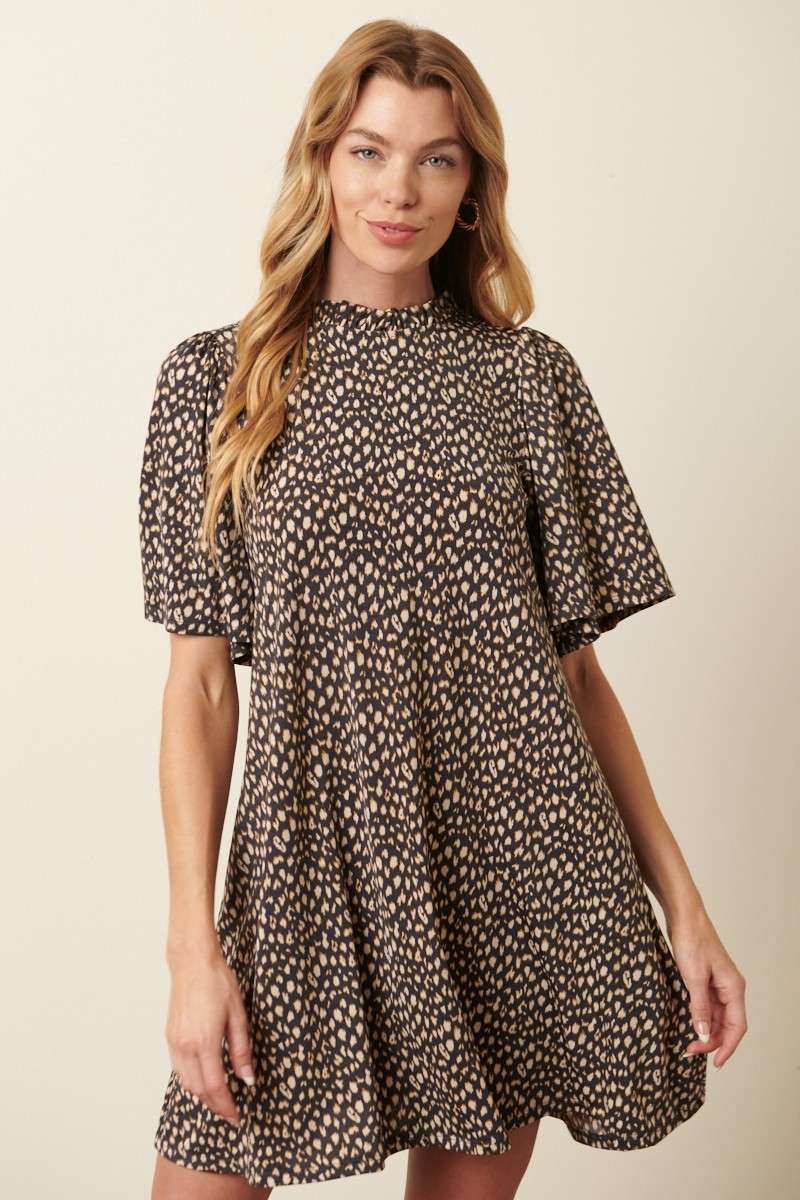 ANIMAL PRINT RUFFLE MOCK NECK MINI DRESS