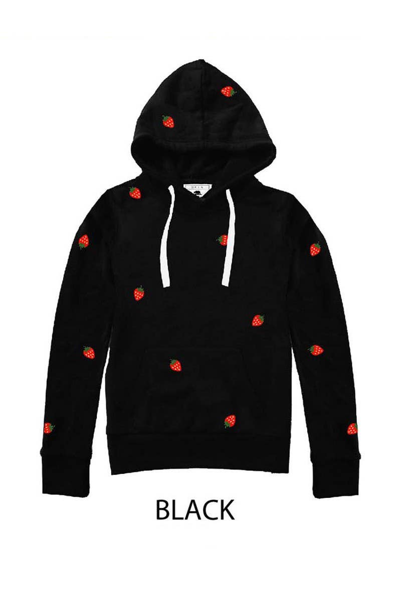 Fleece Pullover Hoodie With Strawberry Embroidery