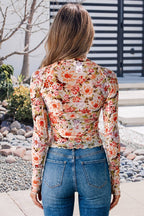 Floral Print Mesh Long Sleeve Round Neck Casual Pullover