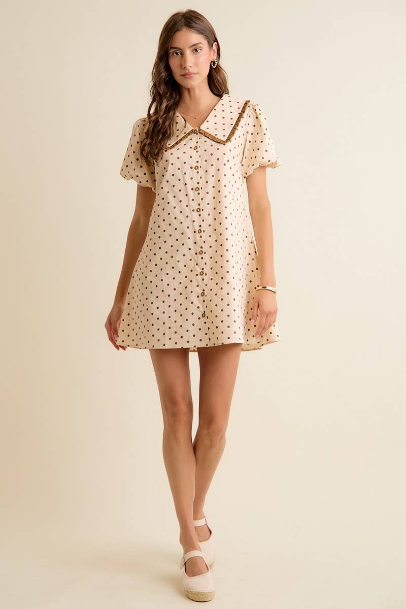 Polka Dot Peter Pan Ruffled Collar Puff Sleeves Dress