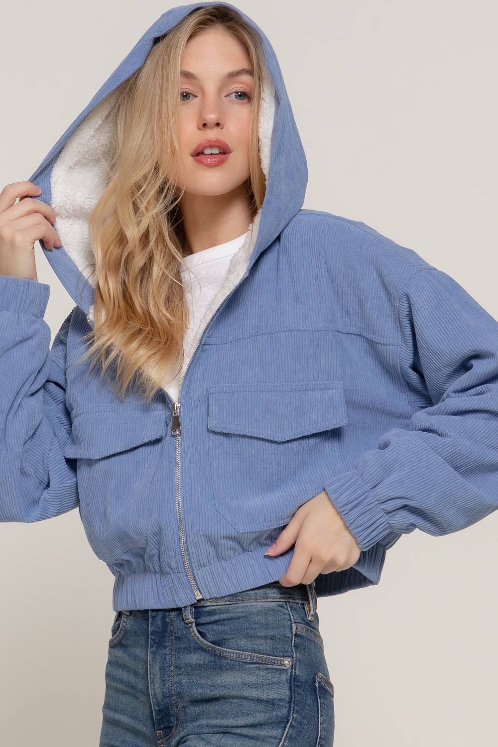 Long Sleeve Hoodie Inside Fur Corduroy Zip Up Jacket