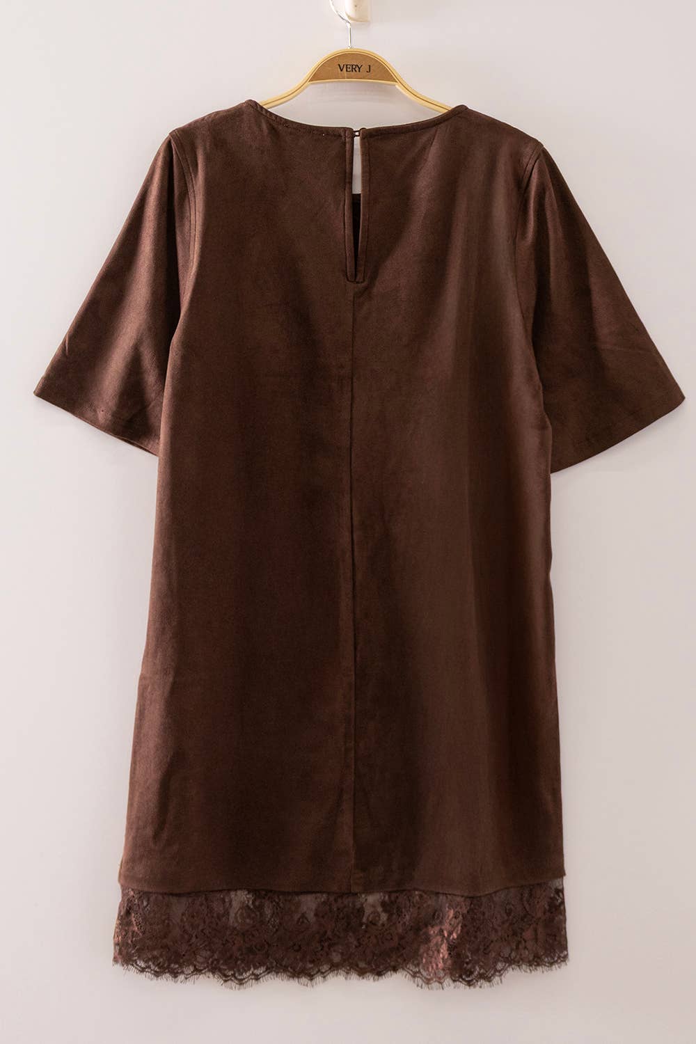 ND32269-Faux Suede Lace Hem Mini Dress
