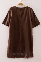 ND32269-Faux Suede Lace Hem Mini Dress