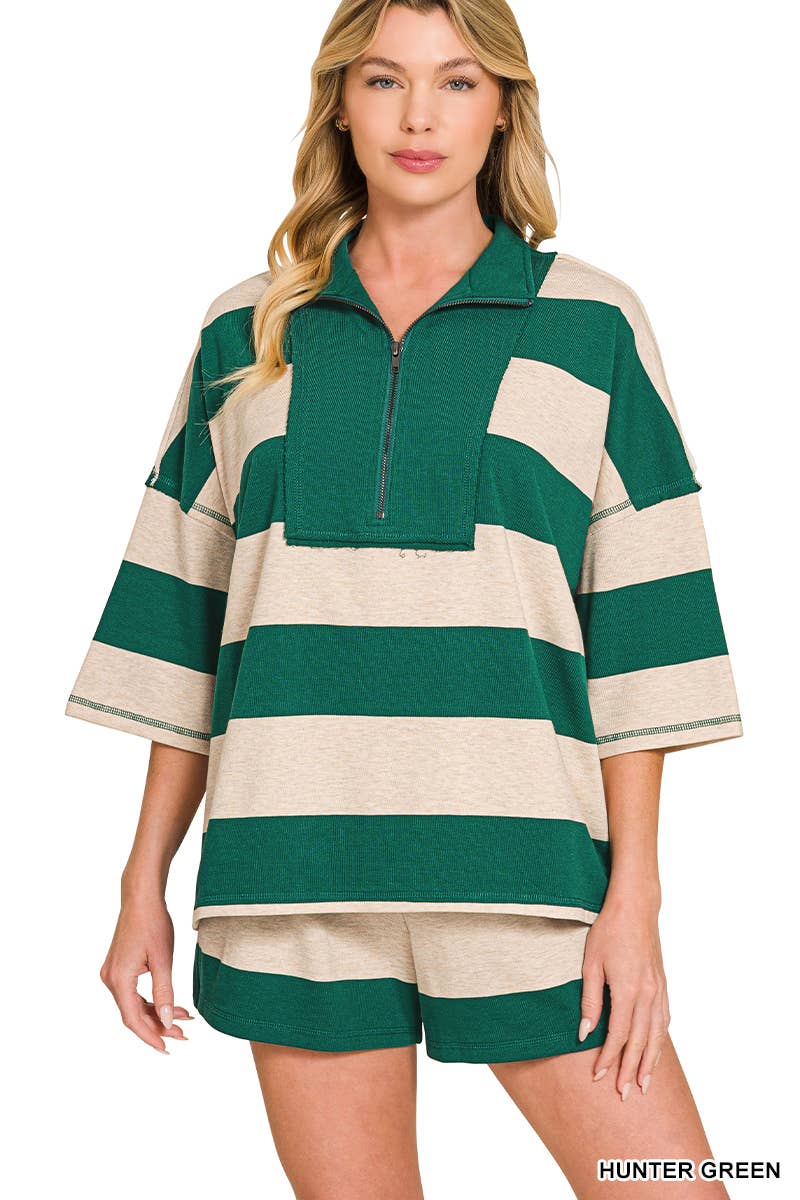 French Terry Striped Half Zip High Neck Top & Shorts Set Zenana