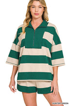French Terry Striped Half Zip High Neck Top & Shorts Set Zenana