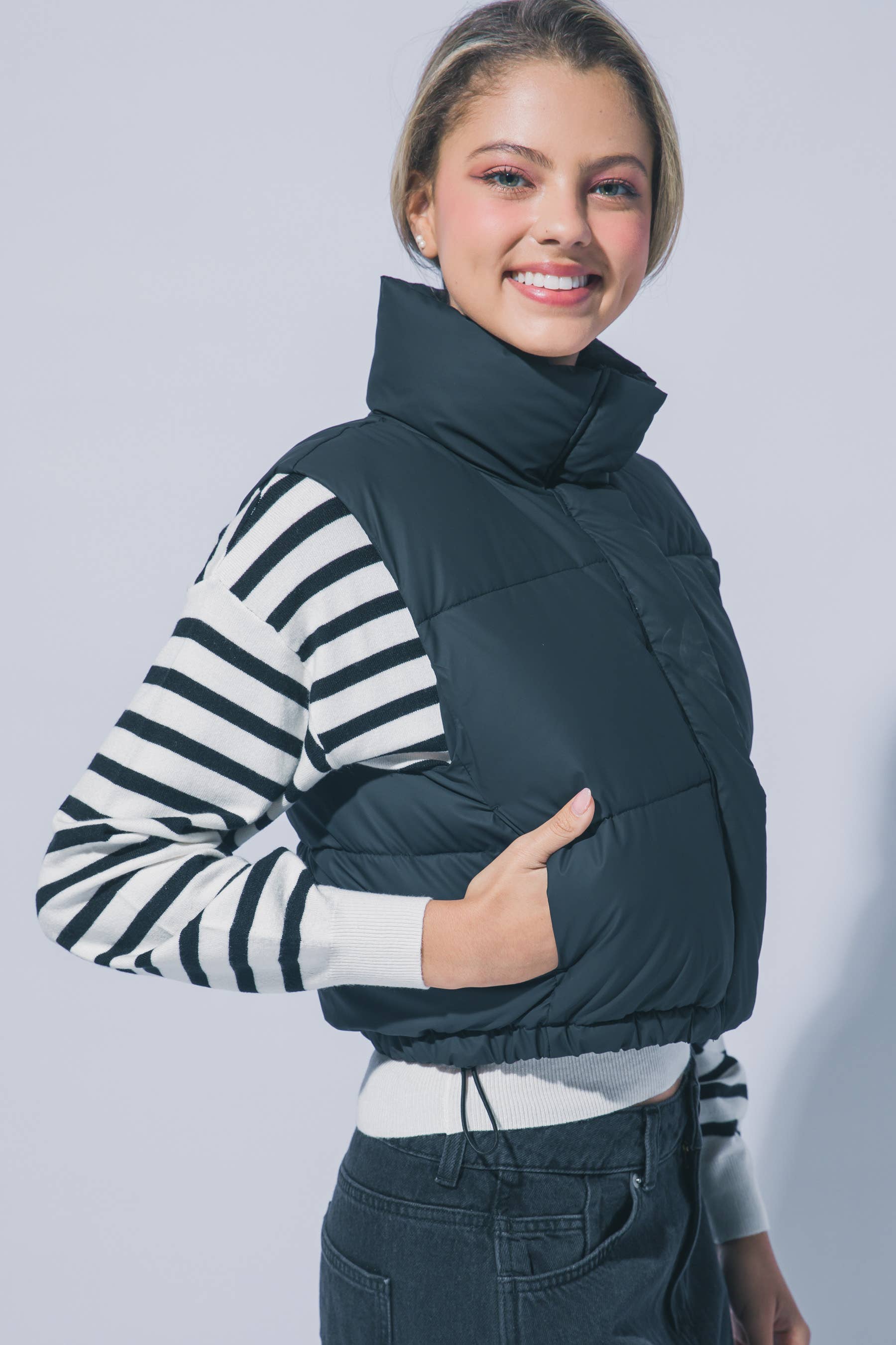 PU Cropped Puffer Vest With Pockets