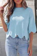 Solid Scalloped Hem 3/4 Sleeve Sweater Top | S-XL
