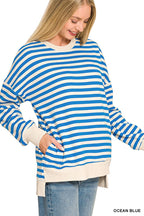 Premium Yarn Dyed Stripe Fleece Hi Low Sweatshirt w/ Pockets