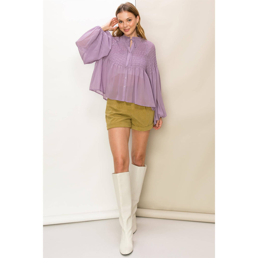 Smocked Button-Front Sheer Blouse