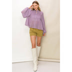Smocked Button-Front Sheer Blouse