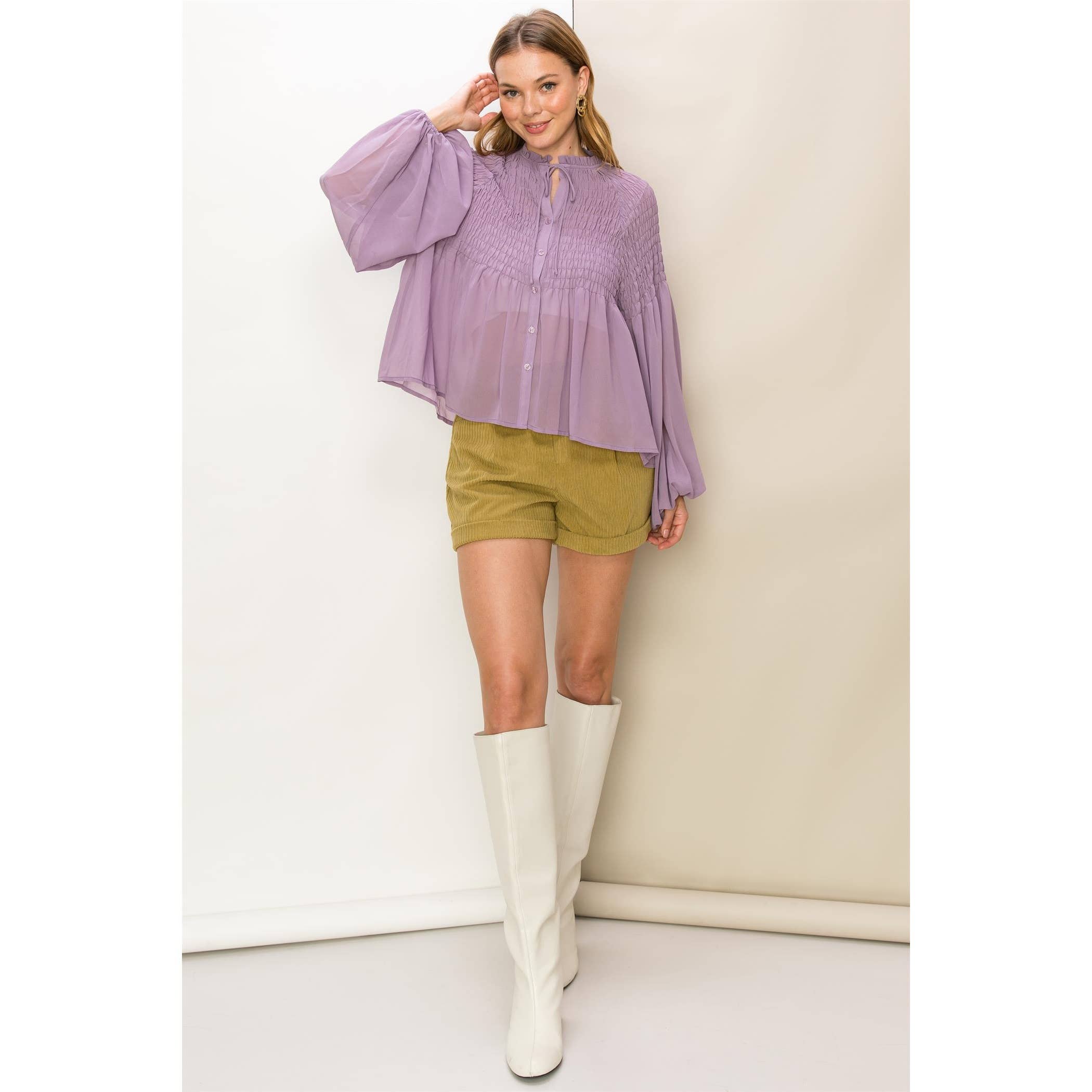 Smocked Button-Front Sheer Blouse