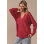 WAVY TWO TONE RIB NOTCH NECK PATCH POCKET TOP