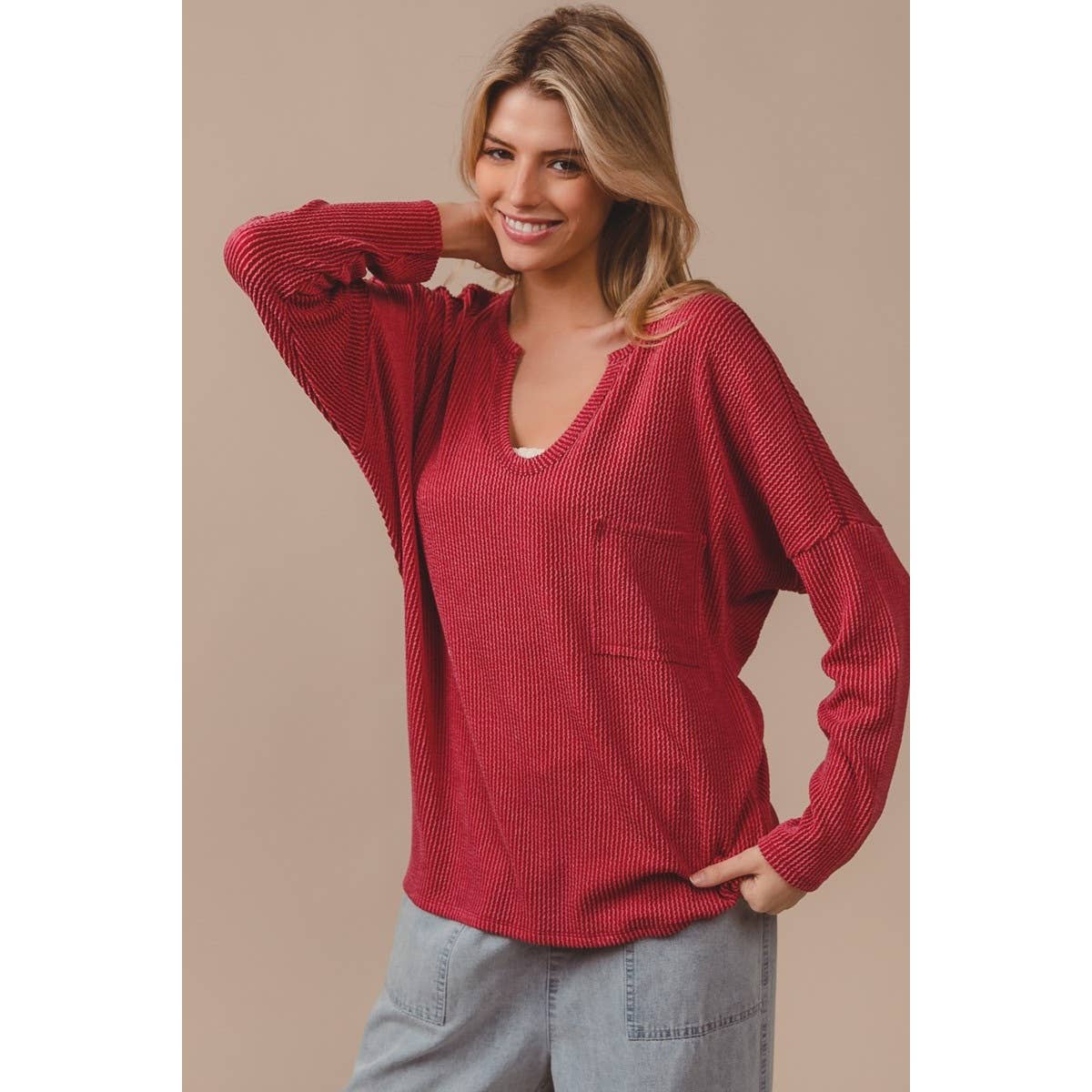 WAVY TWO TONE RIB NOTCH NECK PATCH POCKET TOP